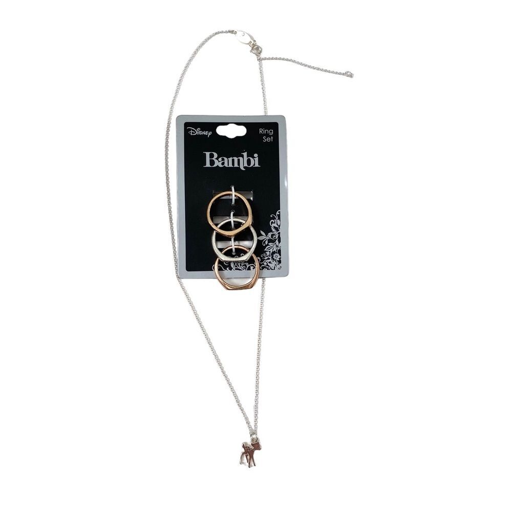 Disney Bambi Vintage Silver Charm Necklace & Lettered Stacked Rings Bundle